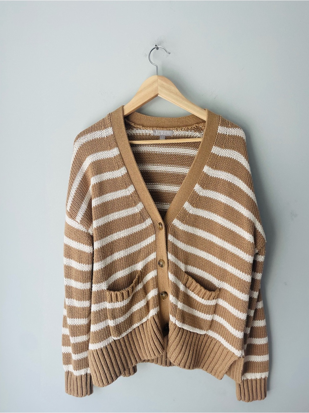 J. Crew Heritage Knit Tan and White Striped Cardigan